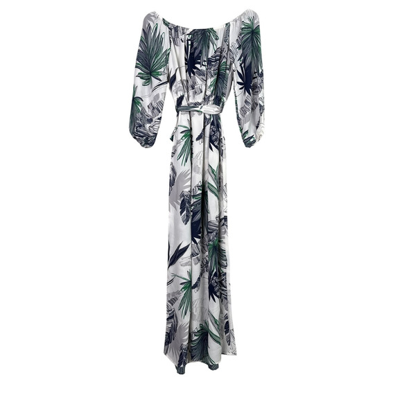 NEW Boho Tropical Palm Print Off Shoulder Maxi Dress 3/4 Sleeve TieWaist S White - Picture 11 of 15